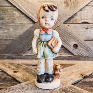 Vintage German Girl Ceramic Figurine w/ Book, Backpack and Little Puppy, 8” Tall